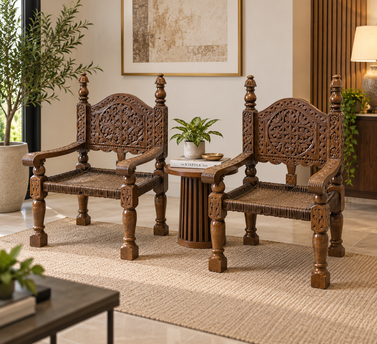 Antique solid Burma teak Peerah Chair Pair