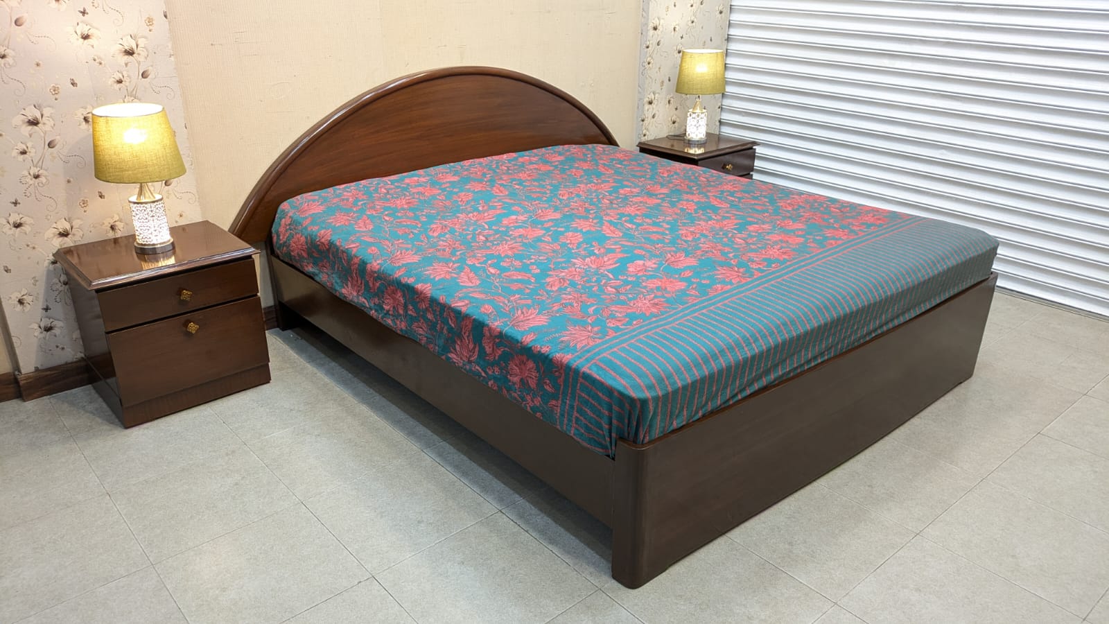 Teak Wood and Teak Ply King Size Bed with 2 Side Tables