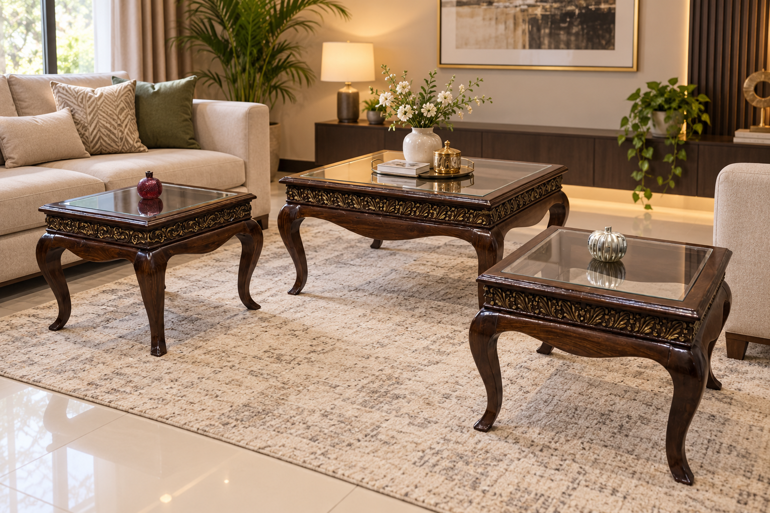 Solid Sheesham Wood Centre Table With 2 Side table Set