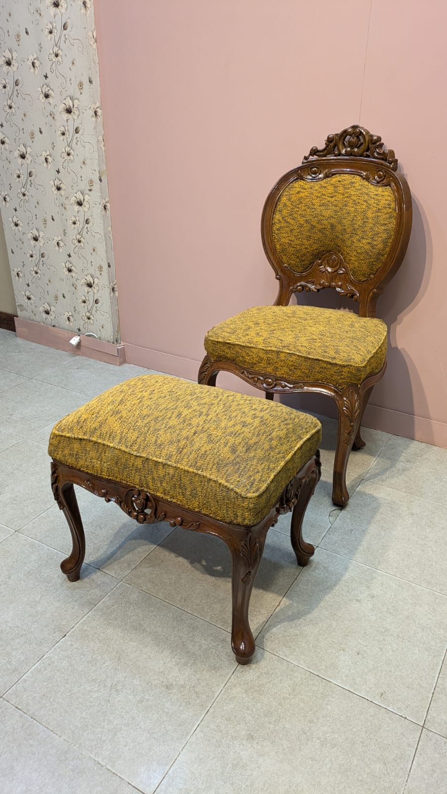 Solid Burma teak wood chair with stool