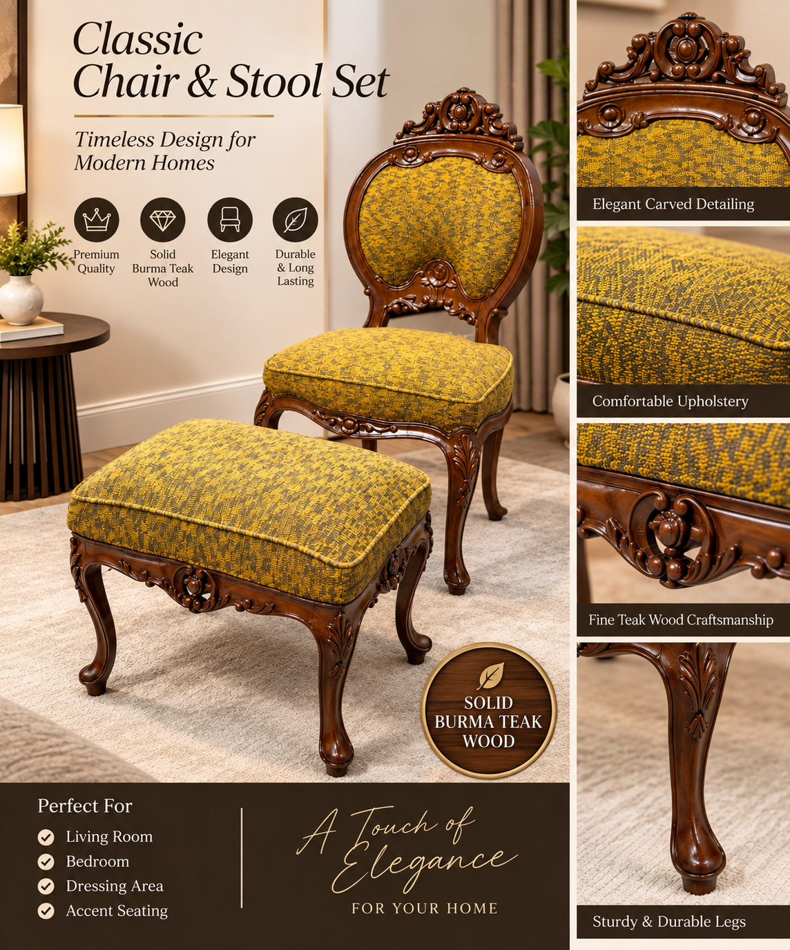 Solid Burma teak wood chair with stool