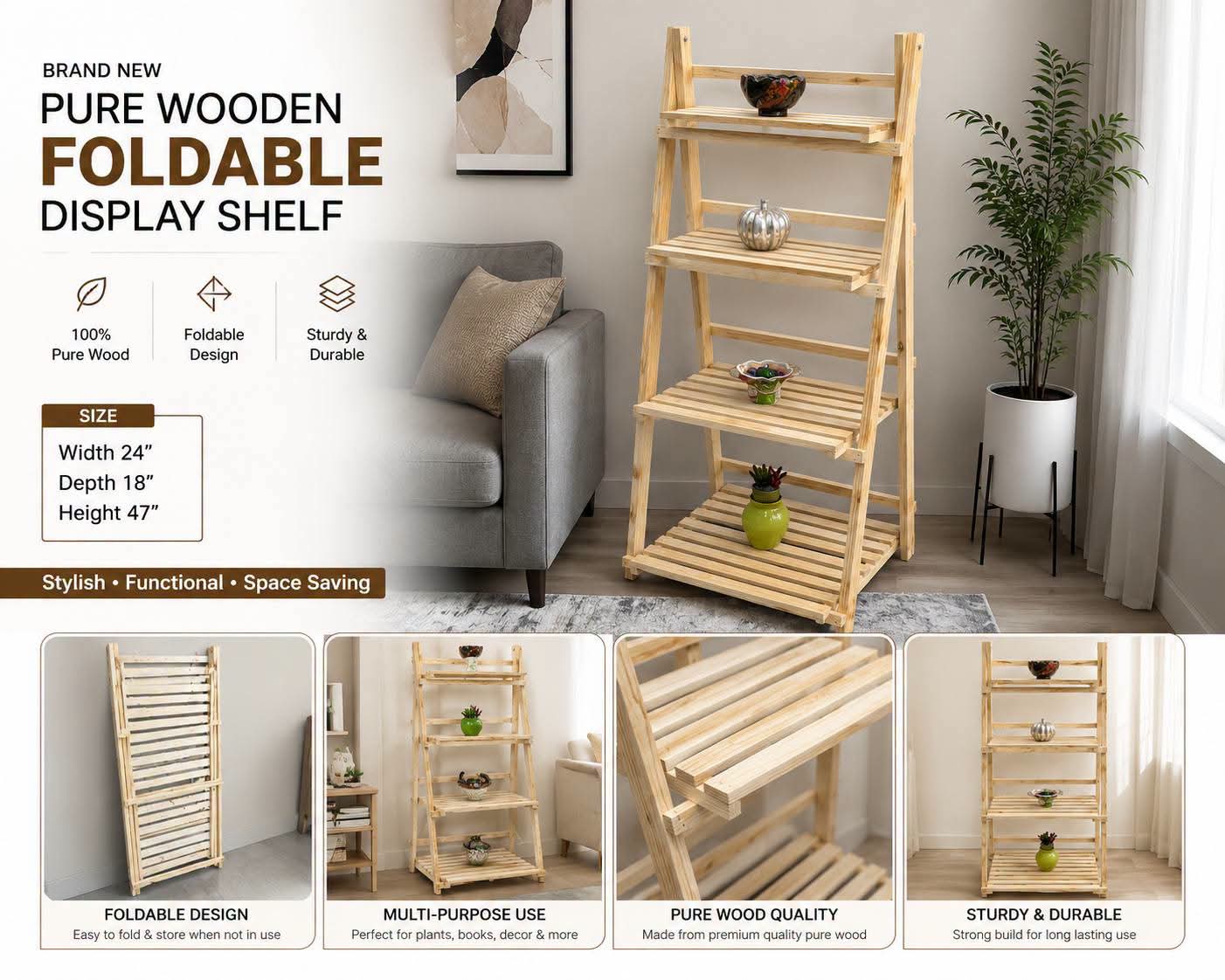 Brand New Pure Wooden Foldable Display Shelf