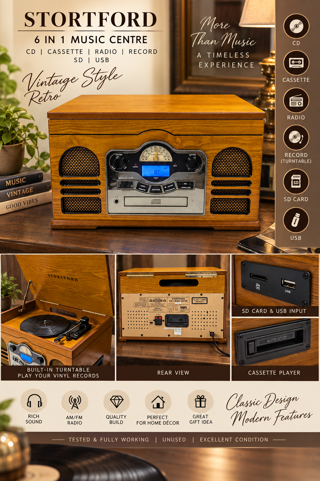 Vintage Style Retro Stortford 6 In 1 Music System