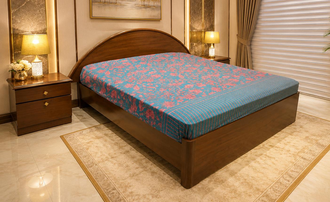 Teak Wood and Teak Ply King Size Bed with 2 Side Tables