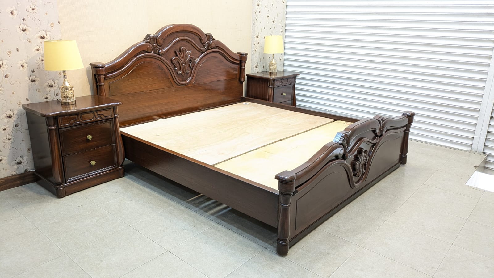 Diyar Wood King Size Bed with 2 Side Tables