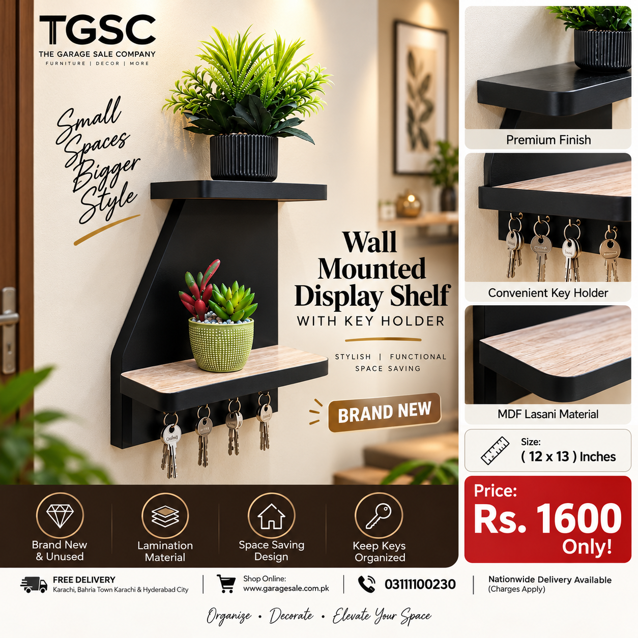Wall Mounted Display shelf with key holder