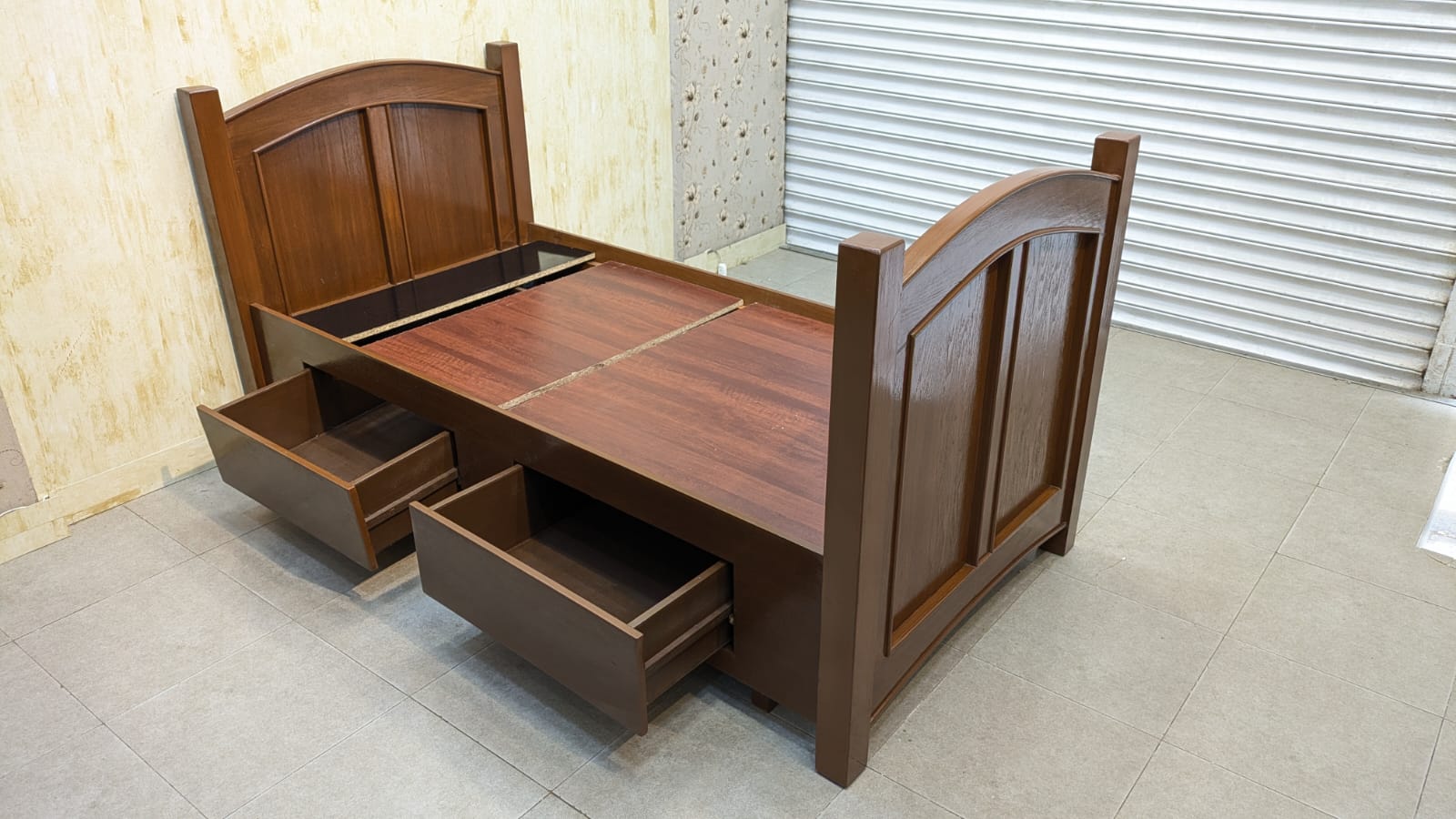 Oak wood & Oak Ply Single Bed With Storage Drawers