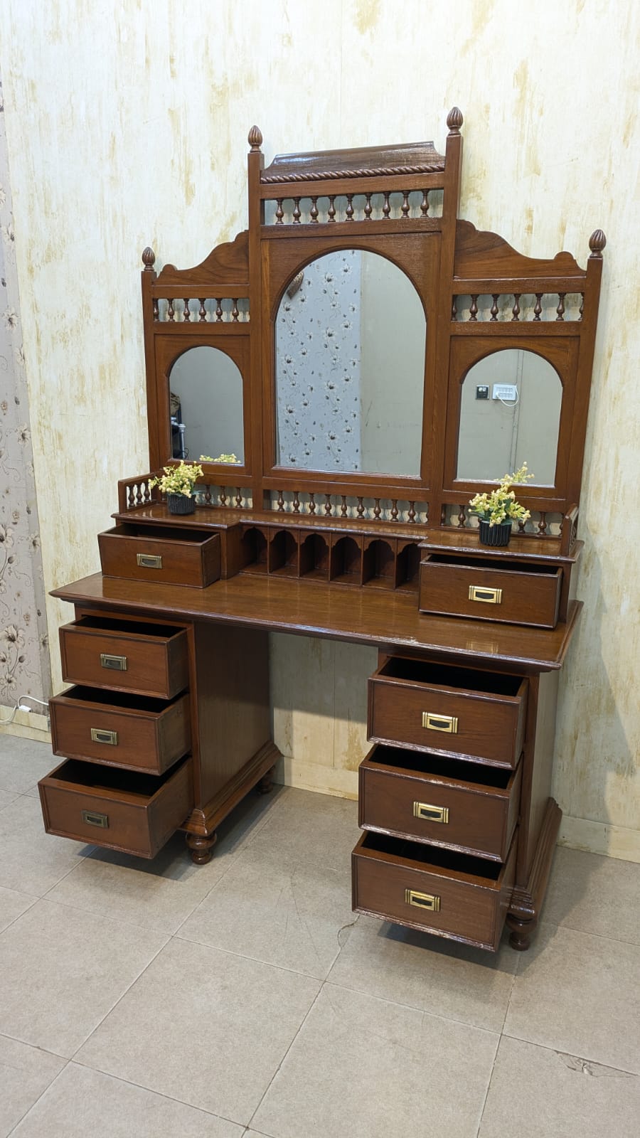 Antique Mid Century Solid Burma Teak Wood Dressing Table