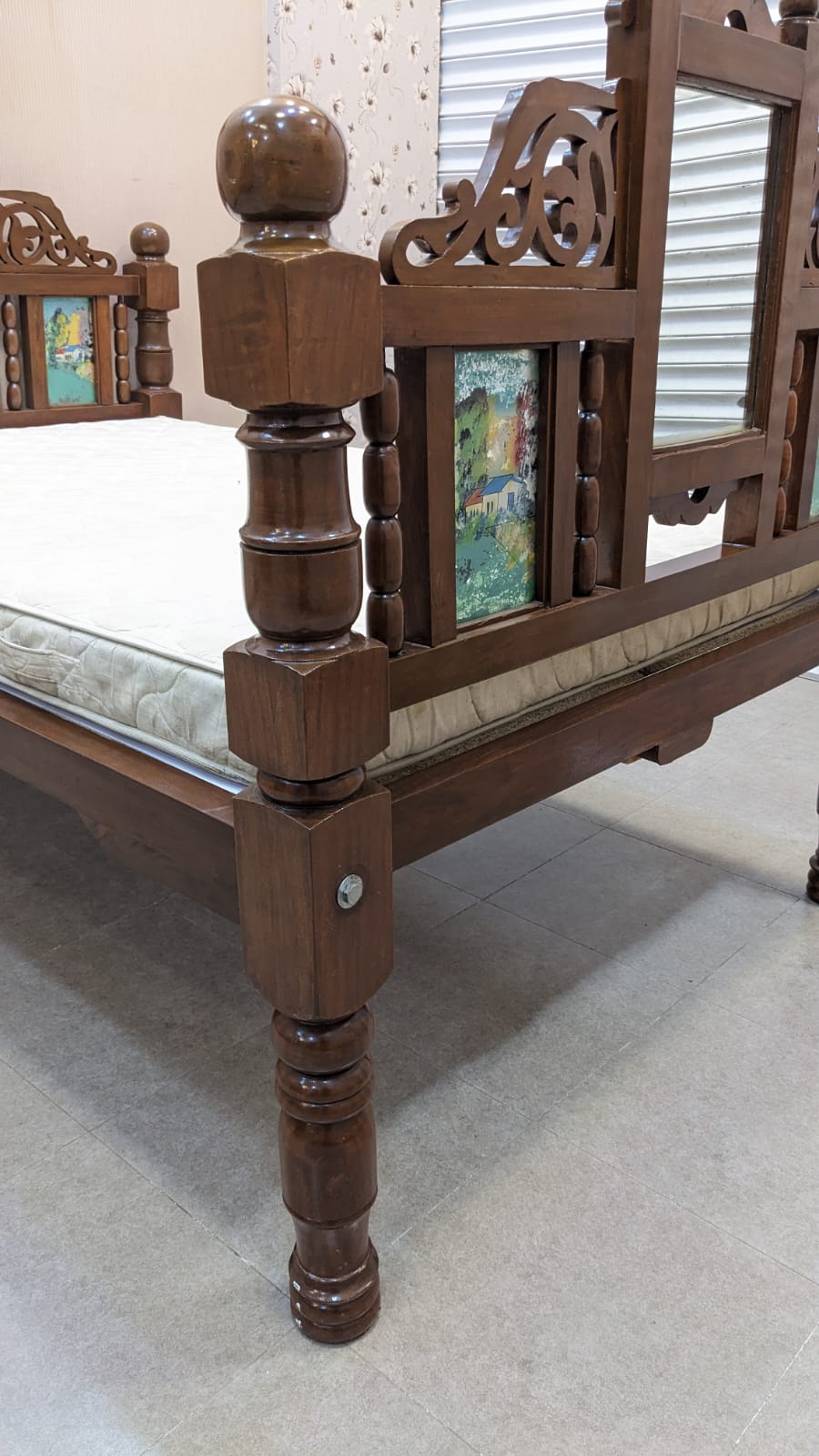 Antique 100% Solid Burma Teak Wood Twin Size Bed with Dura Luxury Foam Mattress